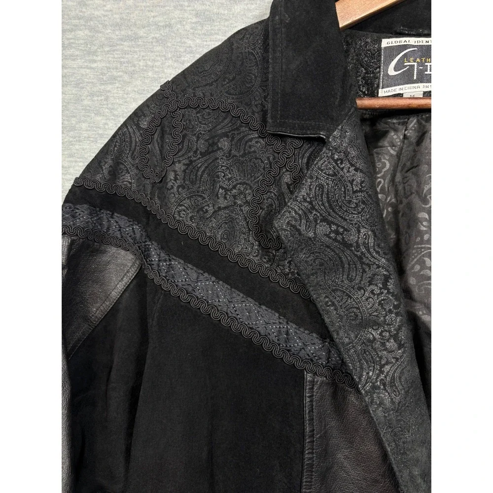 Vtg G-III Black Leather Coat‎ Womens M Suede Paisley Trench Duster Jacket